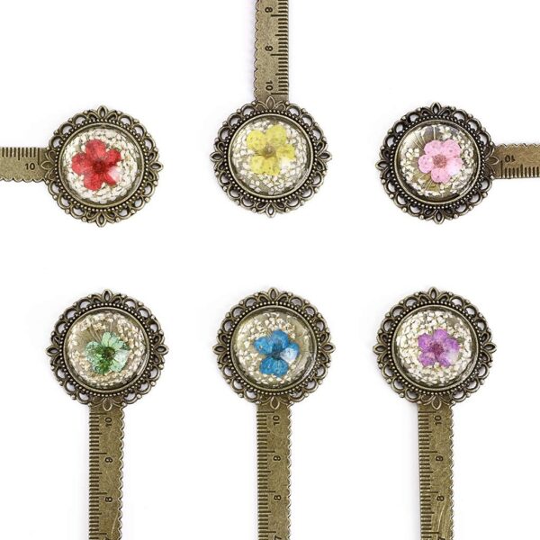 6PCS Retro Metal Bookmark Ruler Bronze Book Mark with Dried Flower
