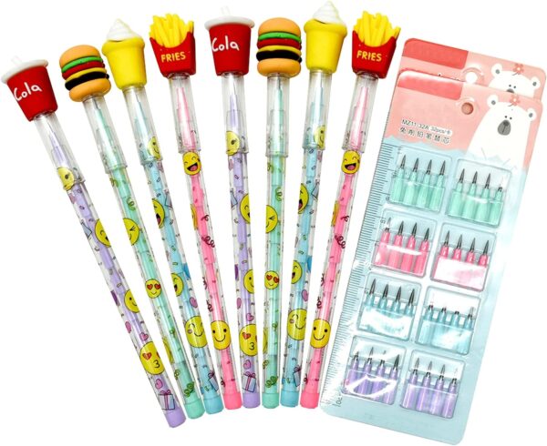 12PCS Food Stackable Pencils Hamburger Ice Cream Cola with 64 Refills