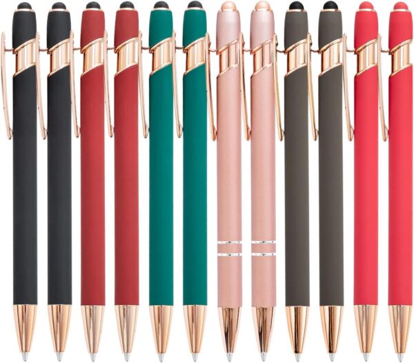 12 Pack Rainbow Rubberized Soft Touch Ballpoint Pen with Stylus Tip