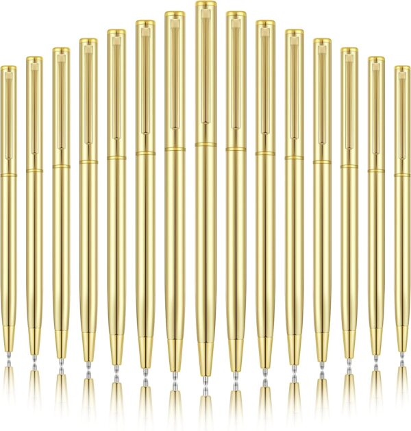 Gold Slim Metal Retractable Ballpoint Pens Black Ink 1mm 15 Pack