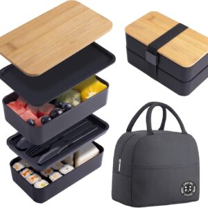 Japanese Bamboo Bento Lunch Box with Compartments and Utensils