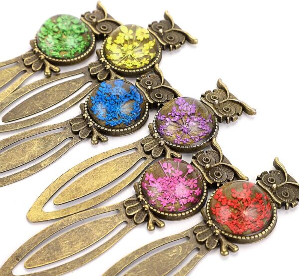 6 Metal Bookmark Clips Vintage Owl Bookmark Ruler with Dried Flower