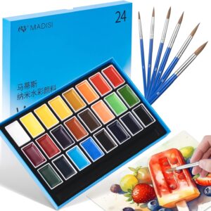 MADISI 24 Solid Watercolor Paint Set with 6 Brush Pens