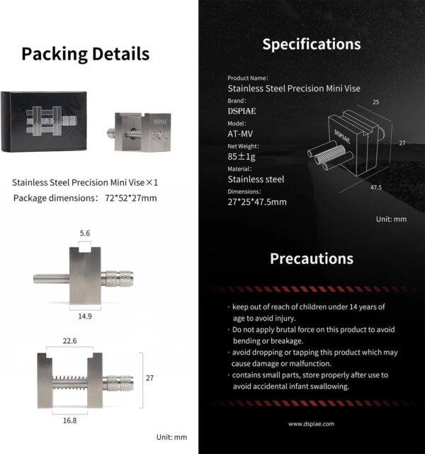 DSPIAE Stainless Steel Precision Mini Vise Grip Width 0.88inch - 0.22inch (AT-MV)