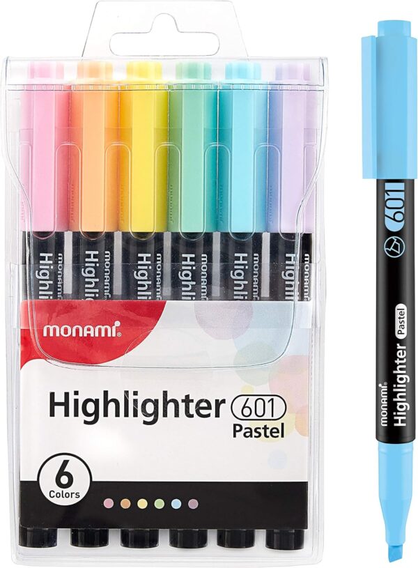 MONAMI Highlighter 601 Pastel,Chisel Tip,Assorted Colors,6-Pack