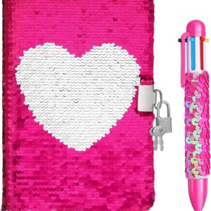 A5 Reversible Sequin Journal with Lock Key 6in1 Retractable Multi-Pen