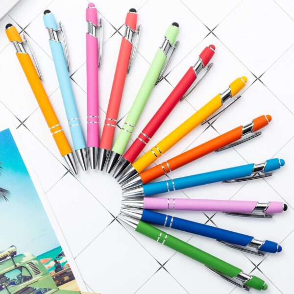 12 Pack Rainbow Rubberized Soft Touch Ballpoint Pen with Stylus Tip