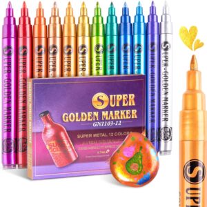 12 Color Super Golden Metallic Paint Marker Pens,Ultra Fine Point 0.7mm
