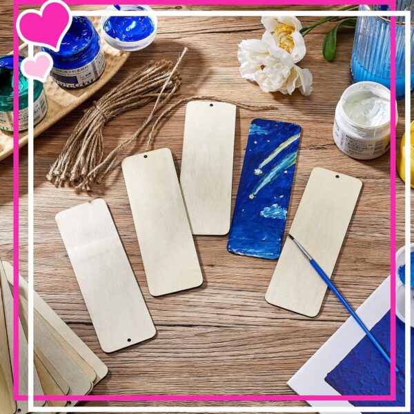 36 Unfinished Wood Blank Bookmarks Hanging Tags with Holes and Ropes 6 x 2 Inch