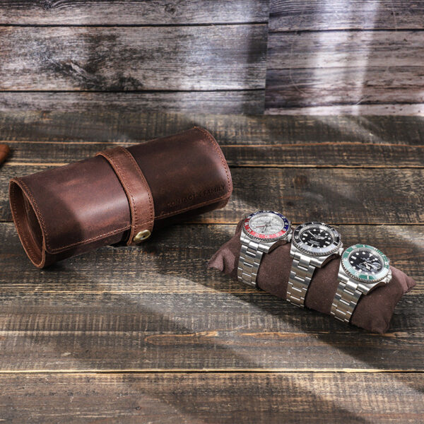 Genuine Leather Travel 3 Watch Case Roll Organizer