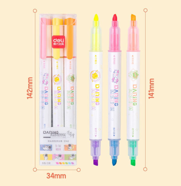 DELI S749 Dual-Tip Highlighter,Chisel Tip,6 Assorted Colors,3 Pack