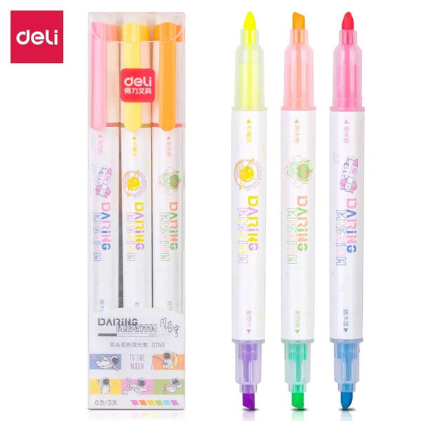 DELI S749 Dual-Tip Highlighter,Chisel Tip,6 Assorted Colors,3 Pack