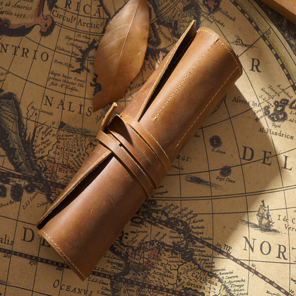 Roll-Up Leather Wrap Pen Pouch with 5 Slots