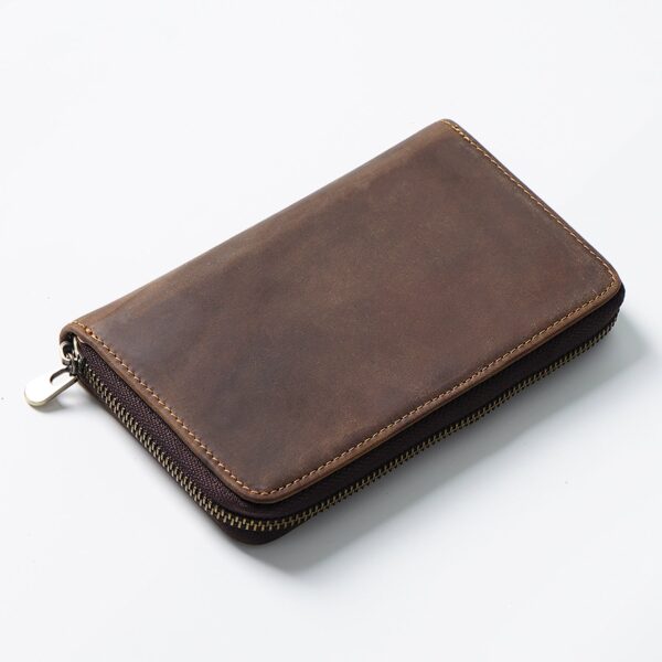 Leather Zippered Pen Organizer Case with 5 Slots and Net Holder