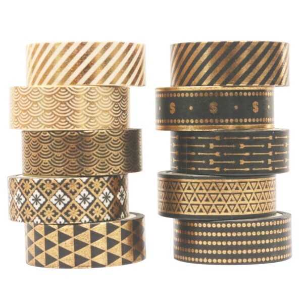 10 Rolls Black Gold Foil Print Washi Tape Set 15mm x 5m