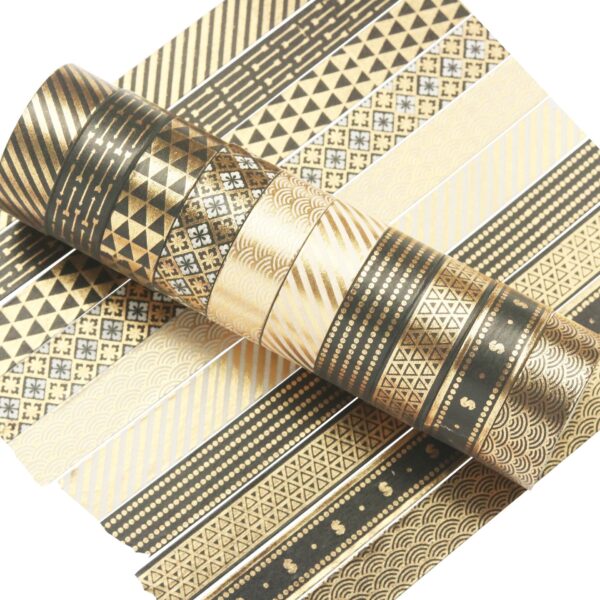 10 Rolls Black Gold Foil Print Washi Tape Set 15mm x 5m
